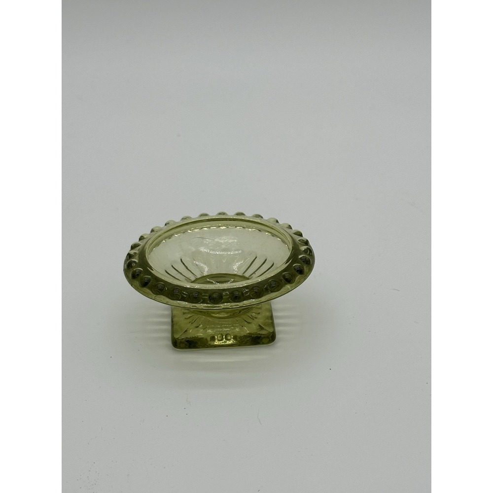 VTG Olive Green Glass Open Salt Cellar 3" Beaded Rim Square Pedestal Base - Picture 3 of 6